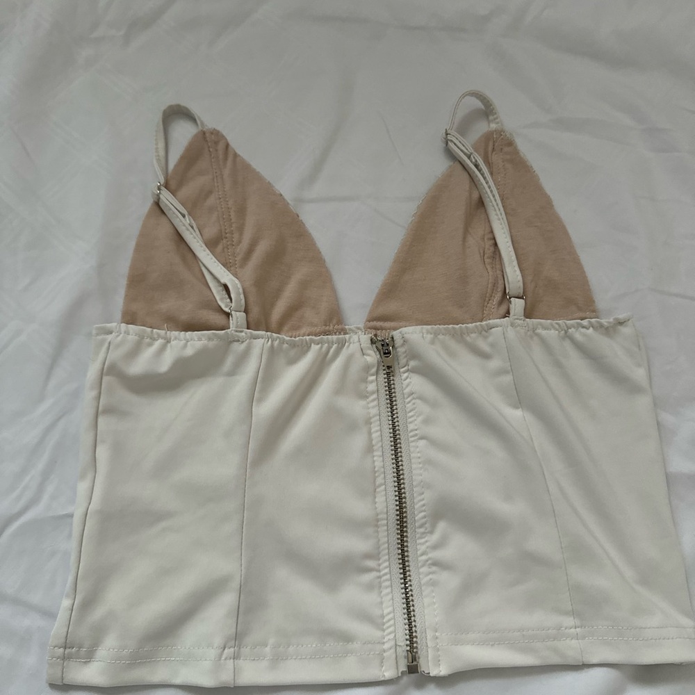 Beige and White Lace Zip-Up Crop Top